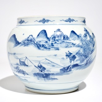 A Chinese blue and white globular bowl with figures in a landscape, Kangxi