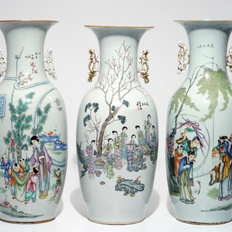 Three tall Chinese famille rose vases with calligraphy, 19/20th C.