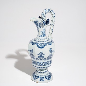 A large Dutch Delft blue and white rope twist handle jug, 2nd half 17th C.