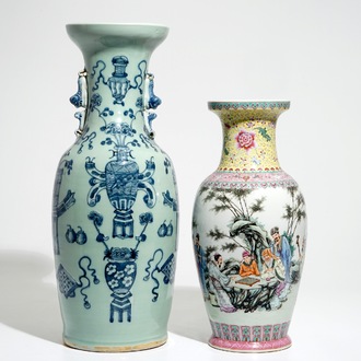 A fine Chinese famille rose vase with figures and a celadon-ground vase, 19/20th C.