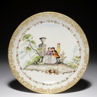 A Chinese export porcelain "Commedia dell'Arte" saucer dish after Watteau, Qianlong