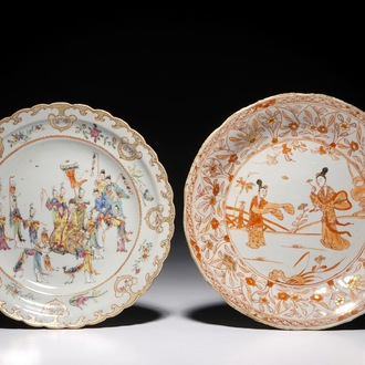Two Chinese famille rose and iron red plates with figures, Kangxi/Qianlong