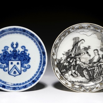 A fine Chinese grisaille "Agua" saucer and a blue and white armorial one for the Dutch market, Qianlong