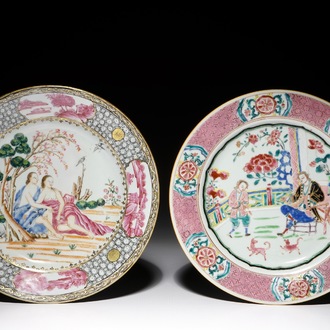 Two Chinese export famille rose plates with European figures, Qianlong