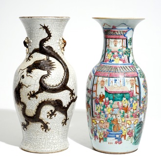 A Chinese famille rose "100 boys" vase and a Nanking dragon vase, 19th C.