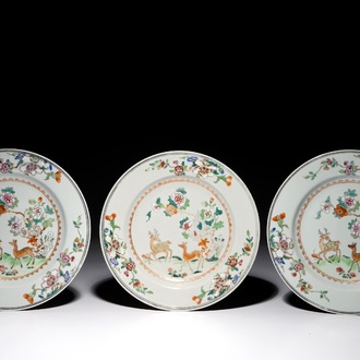 Three Chinese famille rose plates with deer design, Qianlong