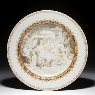 A Chinese grisaille plate with a mythological scene of Aphrodite, Qianlong