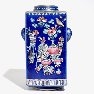 A Chinese famille rose enamelled blue-ground cong vase, 19th C.