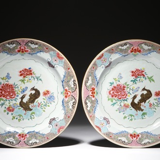 A pair of large Chinese famille rose chargers with mandarin ducks, Yongzheng