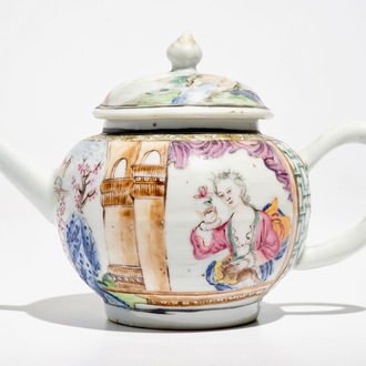 A fine Chinese famille rose teapot and cover with a lady holding a small dog, Yongzheng