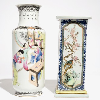 Deux vases en porcelaine de Chine famille rose aux oiseaux et figures, 20ème