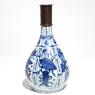 A Chinese blue and white bottle vase with Persian Qajar bronze mount, Wanli