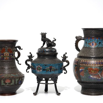 Three Chinese bronze and champlevé enamel vases, 19th C.