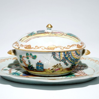 A Chinese famille rose Valentine dove pattern tureen and cover on stand, Qianlong