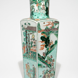 A tall Chinese square famille verte vase, Kangxi mark, 19th C.