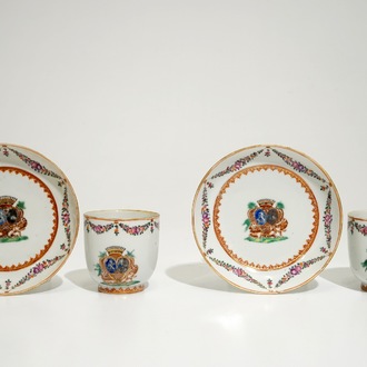 A pair of Chinese armorial cups and saucers for the French market, Qianlong