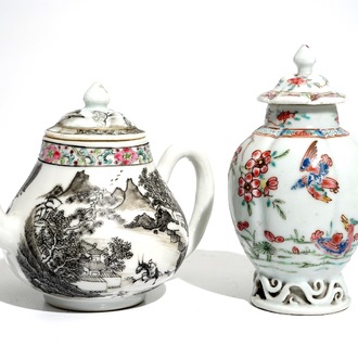 A Chinese grisaille teapot and a famille rose tea caddy, Yongzheng