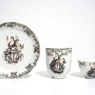 Two Chinese grisaille mythological subject "Venus and Cupid" cups and saucer, Qianlong
