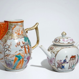 A Chinese famille rose mandarin jug and teapot with cover, Qianlong