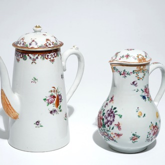 A Chinese famille rose coffeepot and covered jug with Löwestoft design, Qianlong