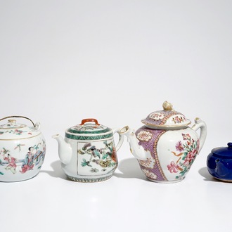 Four various Chinese famille rose, verte and monochrome teapots, 18th and 20th C.