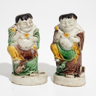 A pair of Chinese verte biscuit models of Liu Hai with the toad, Kangxi