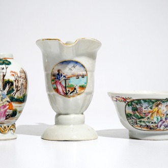 A Chinese famille rose European subject ewer, a bowl and a tea caddy, Qianlong