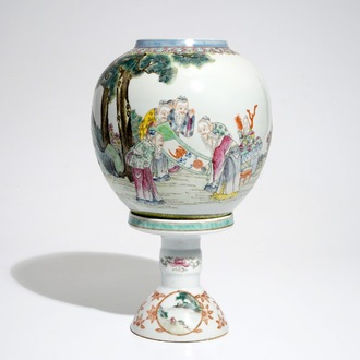 A Chinese famille rose eggshell porcelain lantern on stand, Republic, 20th C.