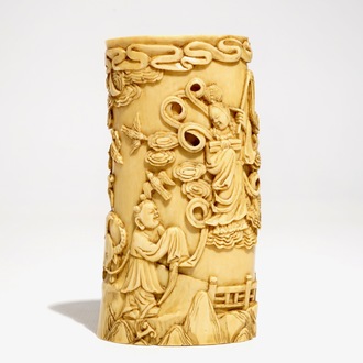 A Chinese ivory brushpot with figural design, 19th C.