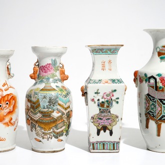 Four Chinese qianjiang cai and famille rose vases, 19th C.
