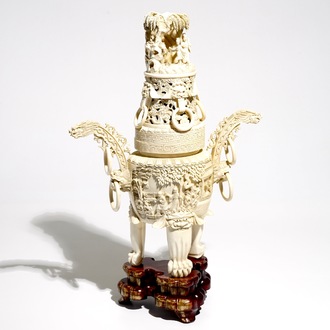 A large Chinese ivory incense burner with cover and wooden stand, early 20th C.