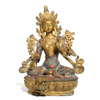 A large Chinese gilt bronze and cloisonné figure of Green Tara, 19th C.