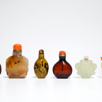 Six various Chinese stone snuff bottles, 19/20th C.