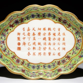 A Chinese lime green-ground famille rose calligraphy tea tray, Jiaqing mark, 19/20th C.