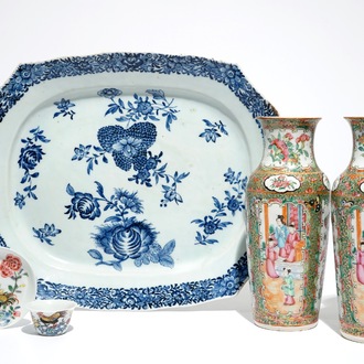 A Chinese blue and white dish, a pair of Canton vases and a cup and saucer with roosters, Qianlong and 19th C.