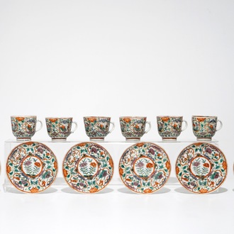 Six Chinese famille verte cups and saucers with floral design, 19th C.