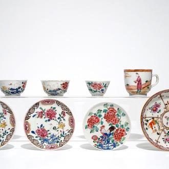 Four Chinese famille rose cups and saucers, Yongzheng/Qianlong