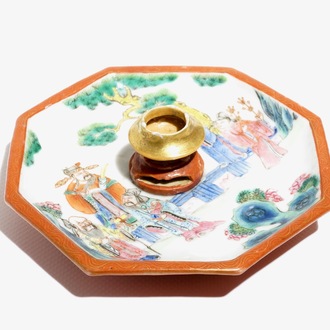 An unusual Chinese octagonal famille rose plate with central miniature censer, 19th C.