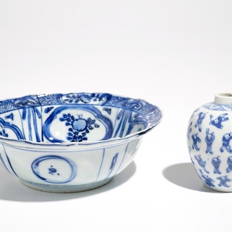 A Chinese blue and white klapmuts bowl, Wanli and a small globular '100 boys' vase, Kangxi mark, 19th C.