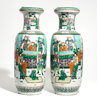 A pair of tall Chinese famille verte vases with court scenes, 19th C.