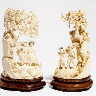 Two Chinese carved ivory groups on wooden base, 2nd quarter 20th C.