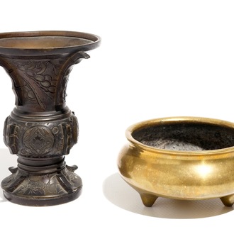 A Chinese bronze tripod censer, Xuande mark, and an archaistic bronze gu vase, 19/20th C.