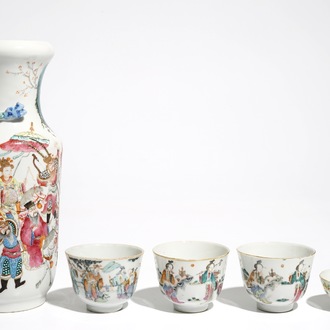 A Chinese famille rose vase and four cups, 19th C.