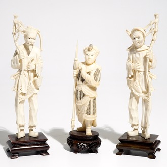 Three Chinese ivory figures on wooden bases, 1st half 20th C.