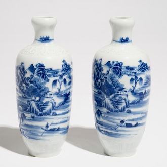 A pair of Chinese blue and white landscape vases, Qianlong mark, Republic, 20th C.