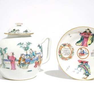 A fine Chinese famille rose teapot and cover with a Wu Shuang Pu saucer, 19th C.