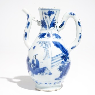 A Chinese blue and white jug with figures in a landscape, Transitional period