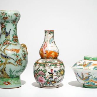 Two Chinese Canton famille rose vases and a covered bowl, 19th C.