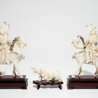 A pair of Chinese ivory figures of warriors on horseback and a small elephant, 19/20th C.