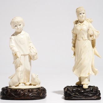 Two Chinese ivory figures on wooden stands, 2nd quarter 20th C.